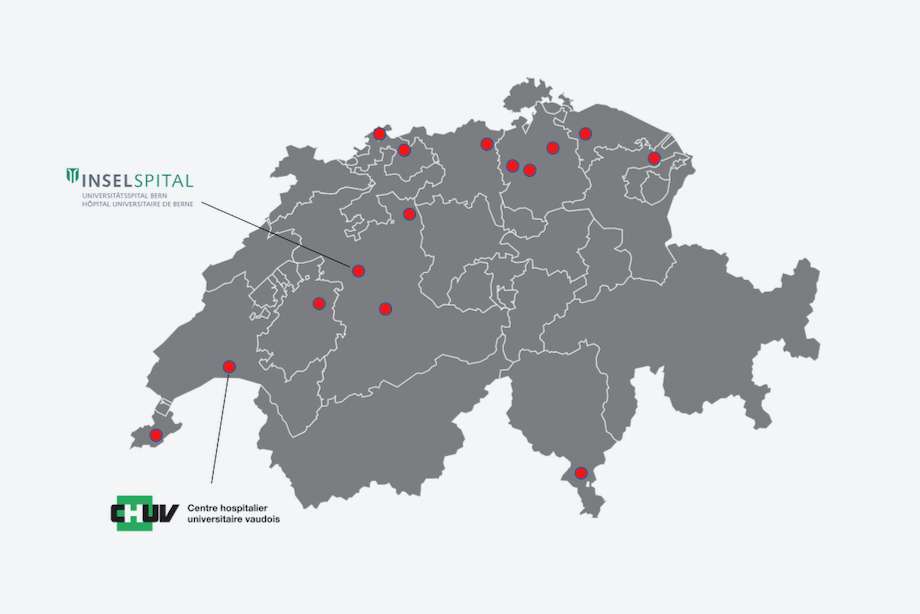 Map of Switzerland showing the participating hospitals