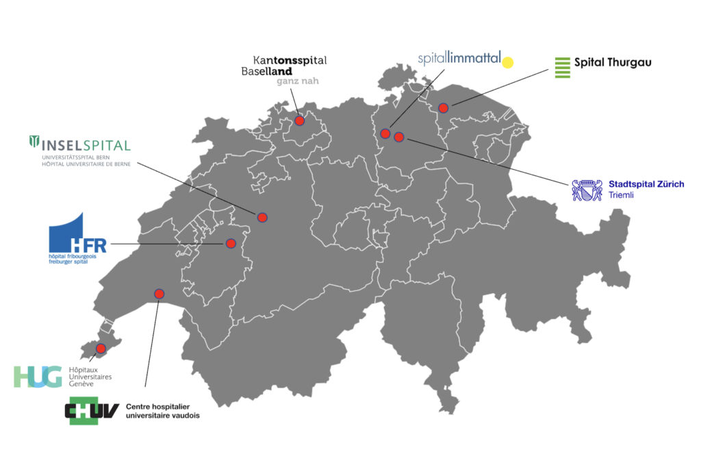 Map of Switzerland showing the participating hospitals