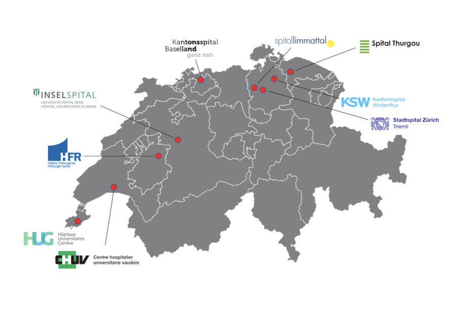 Schweizer Karte mit den teilnehmenden Spitälern