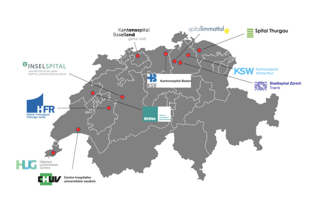 Karte der Schweiz mit teilnehmenden Kliniken.